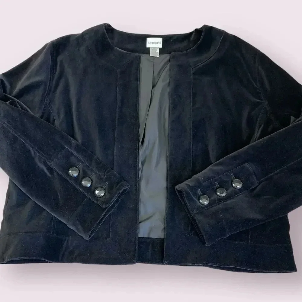 Chico's Vintage Casual Velvet Cropped Open Blazer Jacket Lined Size XL/16 Black - Picture 4 of 16